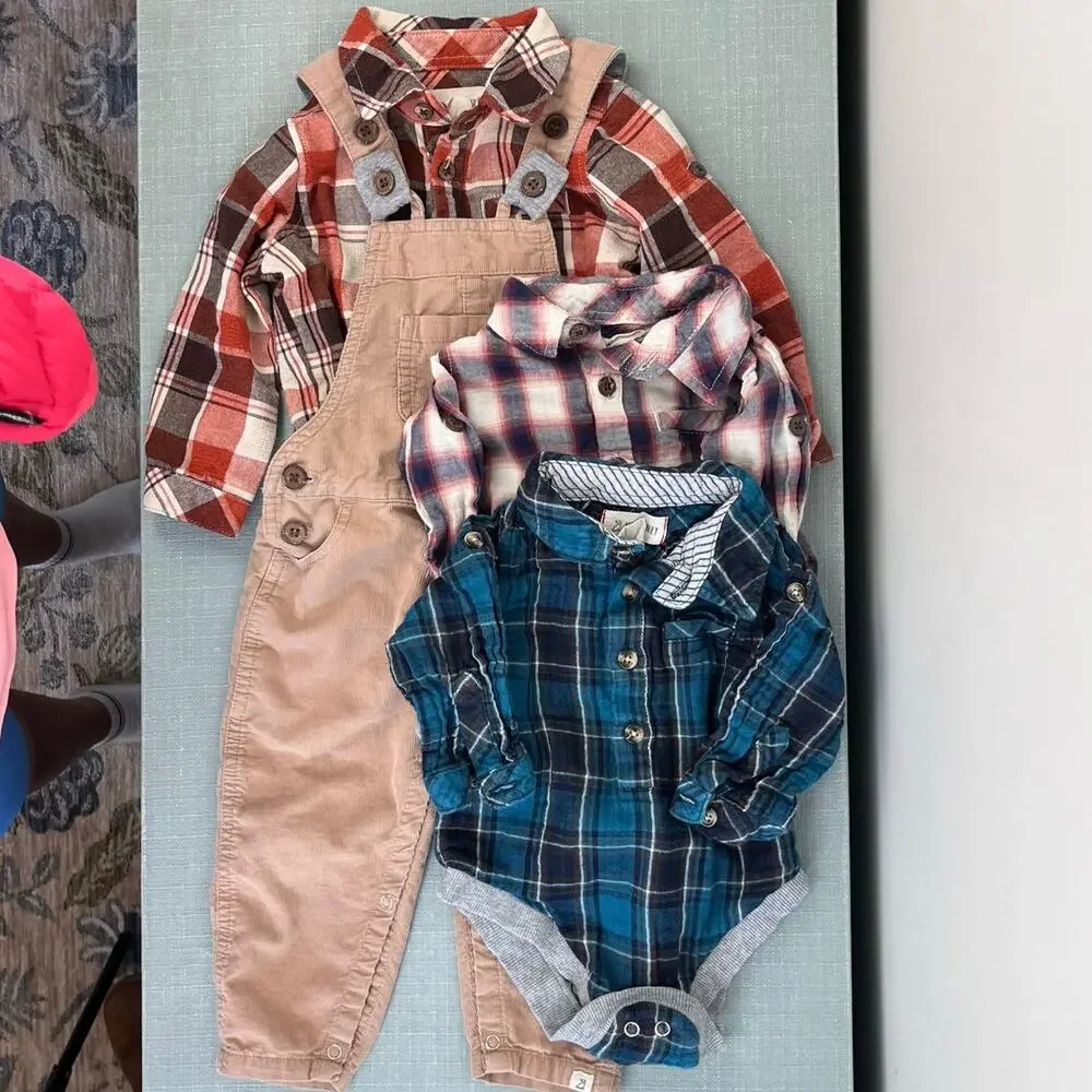 Me & Henry Corduroy Overalls and Plaid Bodysuits Bundle 9-12 Months